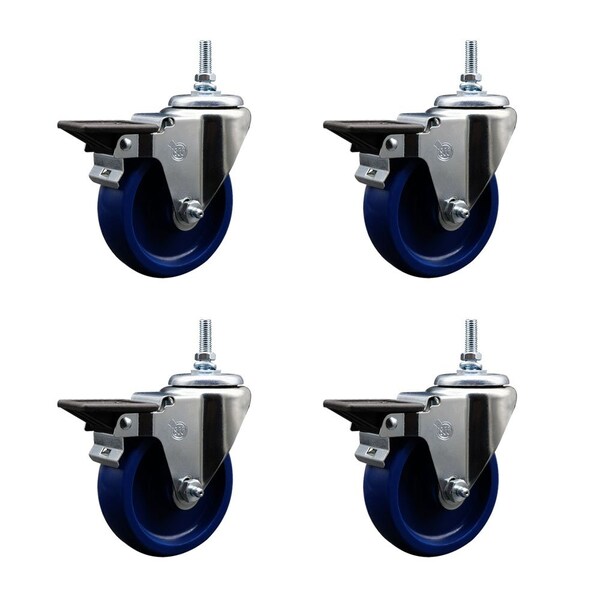 4 Inch Solid Polyurethane 12 MM Threaded Stem Caster Set with Brake